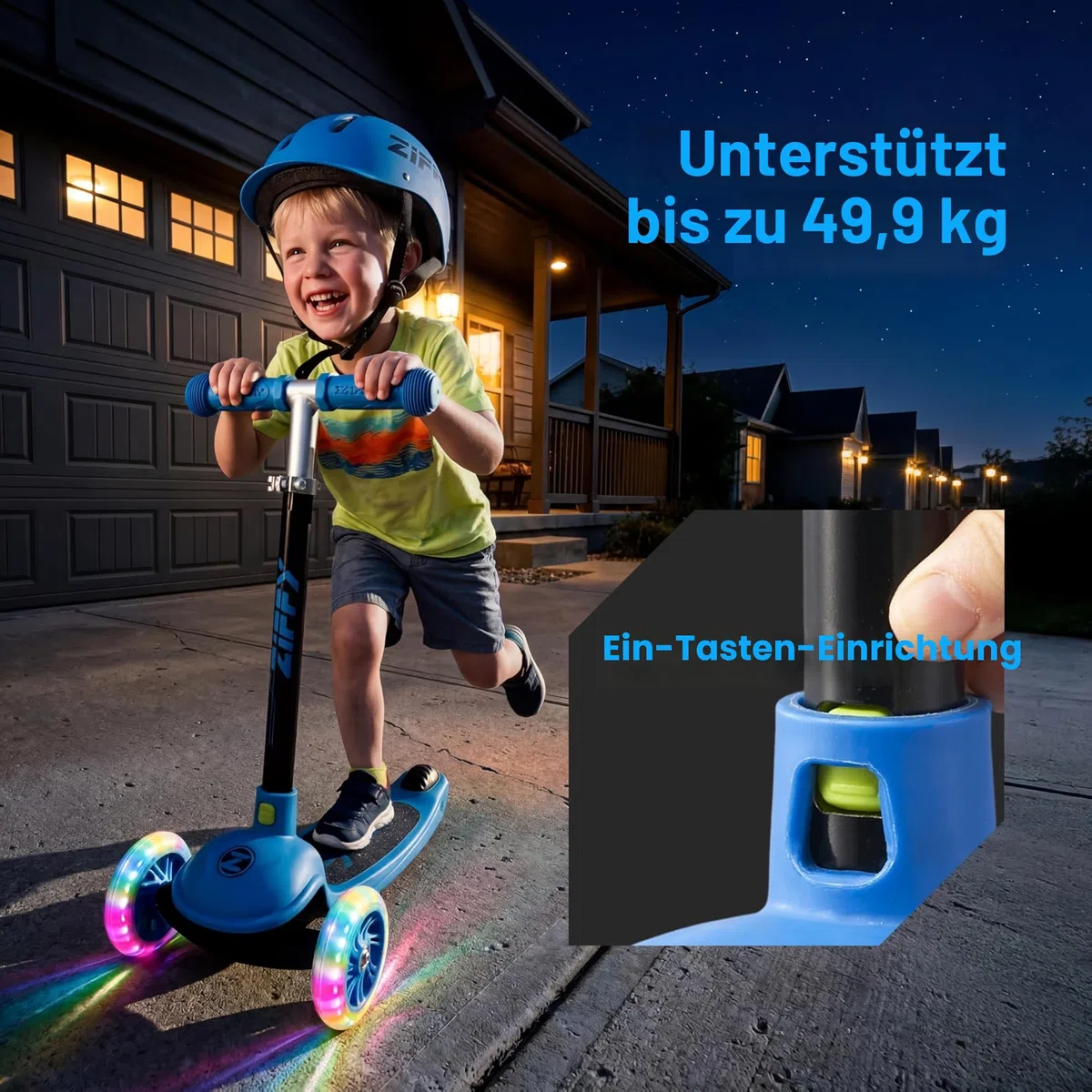 ZIFFY 3-Rad-Kinderroller 3–5 Jahre – Blau/Grün/Pink/Violett – LED-Leuchträder, Neigelenkung, Hinterradbremse – Höhenverstellbarer Lenker 44–61 cm – 1,8 kg, schnell zerlegbar