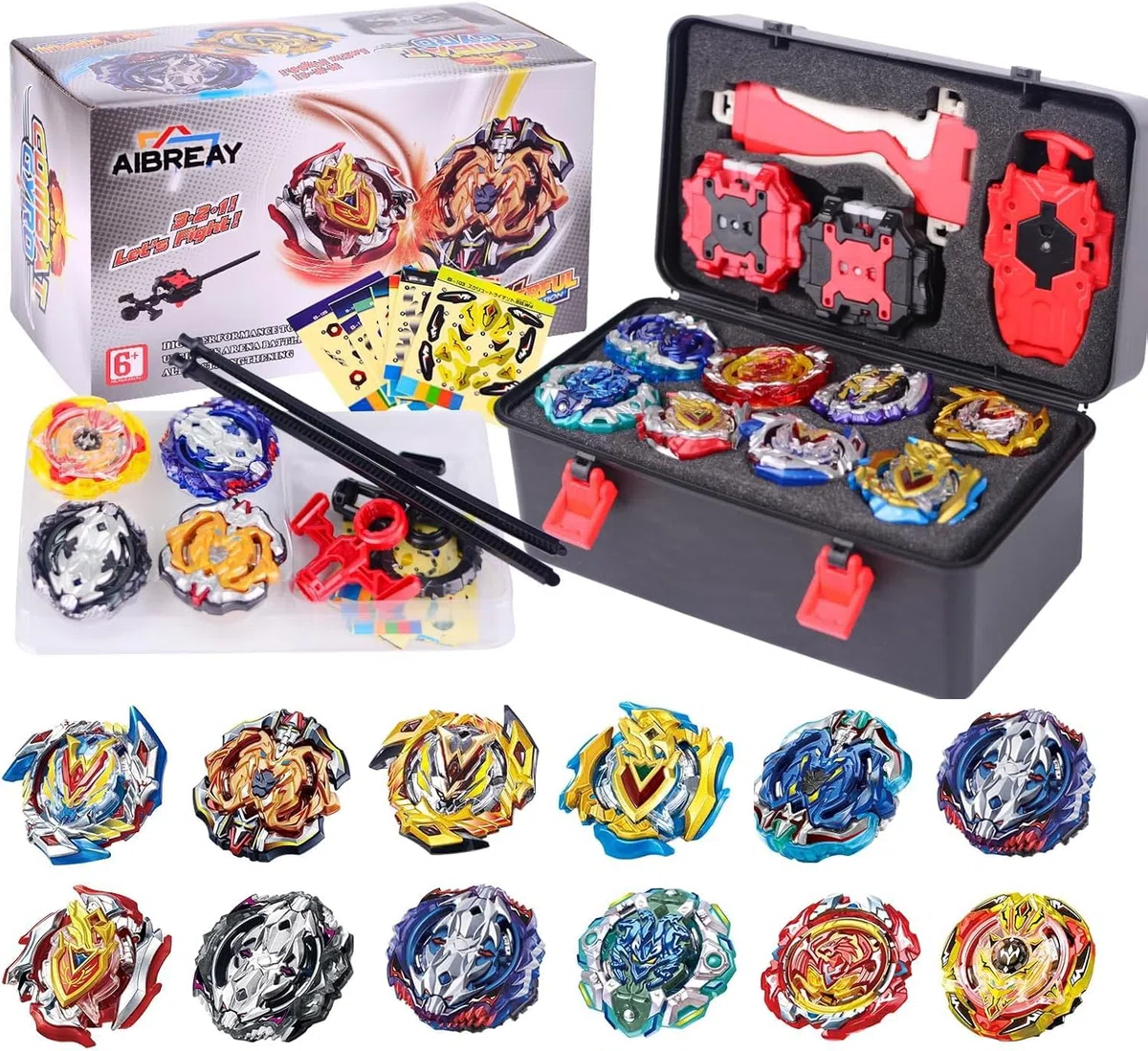 AIBREAY Burst Kreisel Battle Set, 12 Kampfkreisel 2 Launchers 1 Schnur Starter mit Griff, Spinning Top Box, Battle Burst mit Kreisel Kinder, ab 6 Jahren, Spielzeug Jungen
