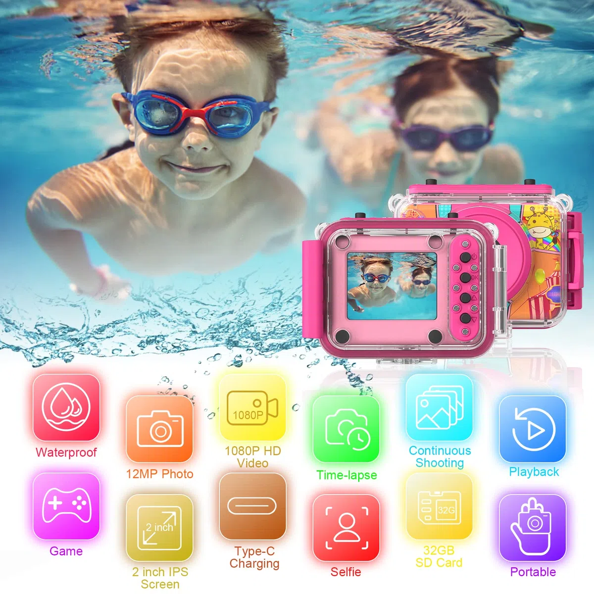 Ushining Kinderkamera, wasserdicht, 1080P Unterwasser-Videokamera, Kinder, digitale Selfie-Kamera mit Display 5,1 cm (2,0 Zoll), TF-Karte, 32 GB, Geschenk für Mädchen und Jungen, 3-12 Jahre, Rosa