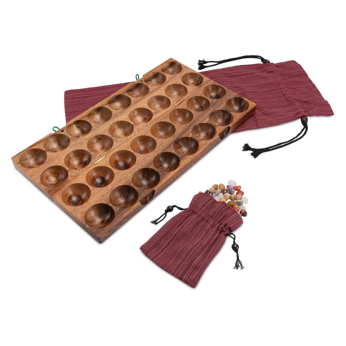 LOGOPLAY 85 Hus - Bao - Kalaha - Bohnenspiel - Muschelspiel - Edelsteinspiel aus Samena-Holz inkl. Edelsteinen und Stoffbeutel