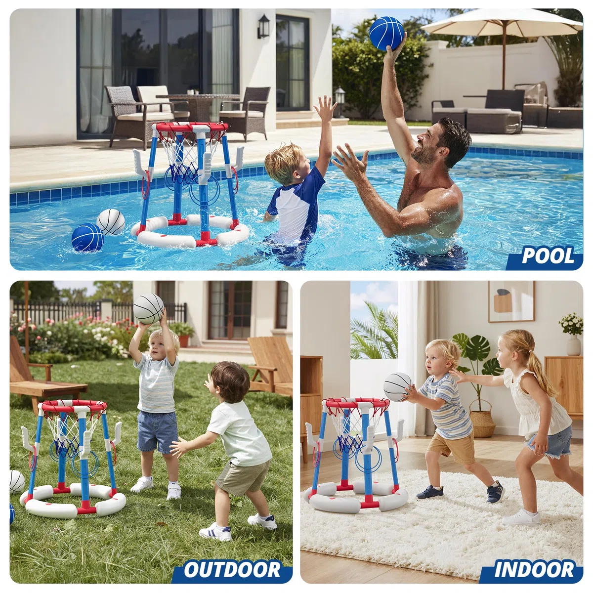 Pool Basketballkorb für Kinder, Wasserspielzeug Pool Basketball mit Backboard, 4 Bällen, 8 Ringen, Pumpe, Outdoor Schwimmbad Sommer Wasser Spielzeug Geschenke für Kinder 4-8 & Erwachsene, Rot