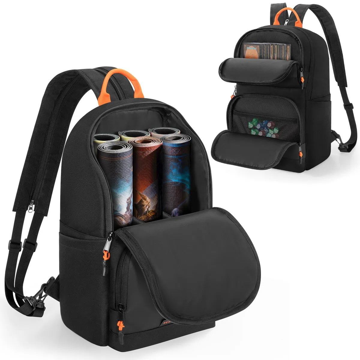 Rexmica Tragbarer Rucksack mit Röhrenfach für 6 Spielmatten (B 35,6 x L 61 cm), Organizer-Tasche für Spielmatten-Röhren mit Schultergurt und 2 Fronttaschen für Karten oder Würfel, Schwarz (Nur Tasche)