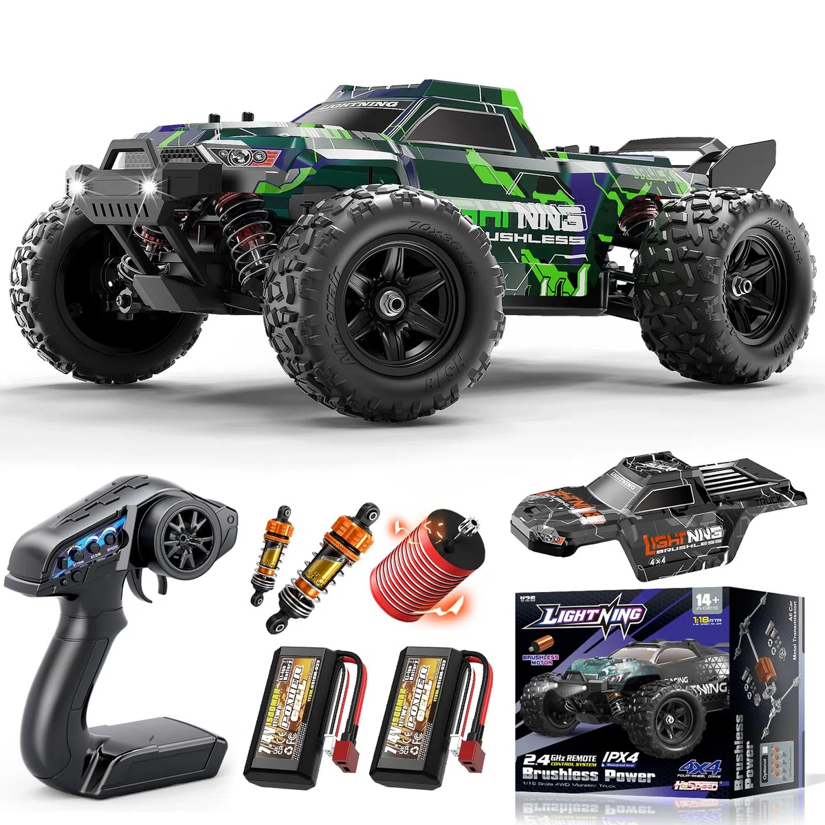 Ferngesteuertes Auto 1:18 Brushless 4WD RC Auto 52 km/h für Erwachsene & Kinder ab 10 Jahren, RTR Offroad RC Auto mit ölgefüllten Stoßdämpfern, Vollmetall-Antrieb, 2 Akkus & 2 Karosserien