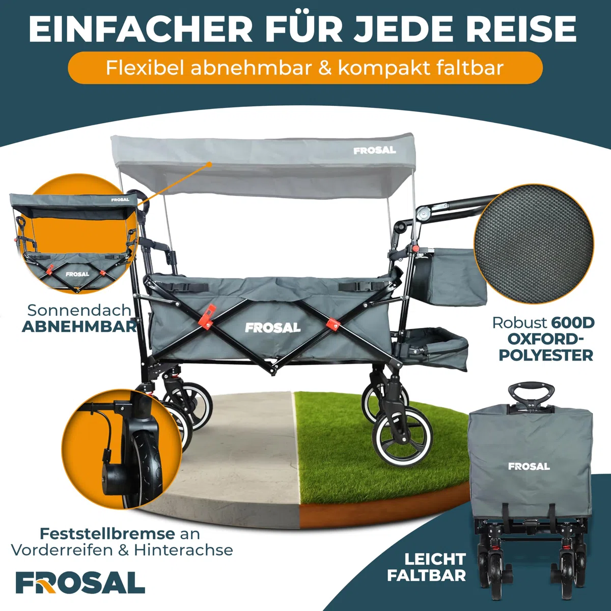 FROSAL Bollerwagen Paul faltbar mit Dach – Handwagen klappbar für Kinder, Strand, Camping & Garten – 80kg belastbar – gefederte Räder, Bremse, Schiebegriff & Zugstange – grau