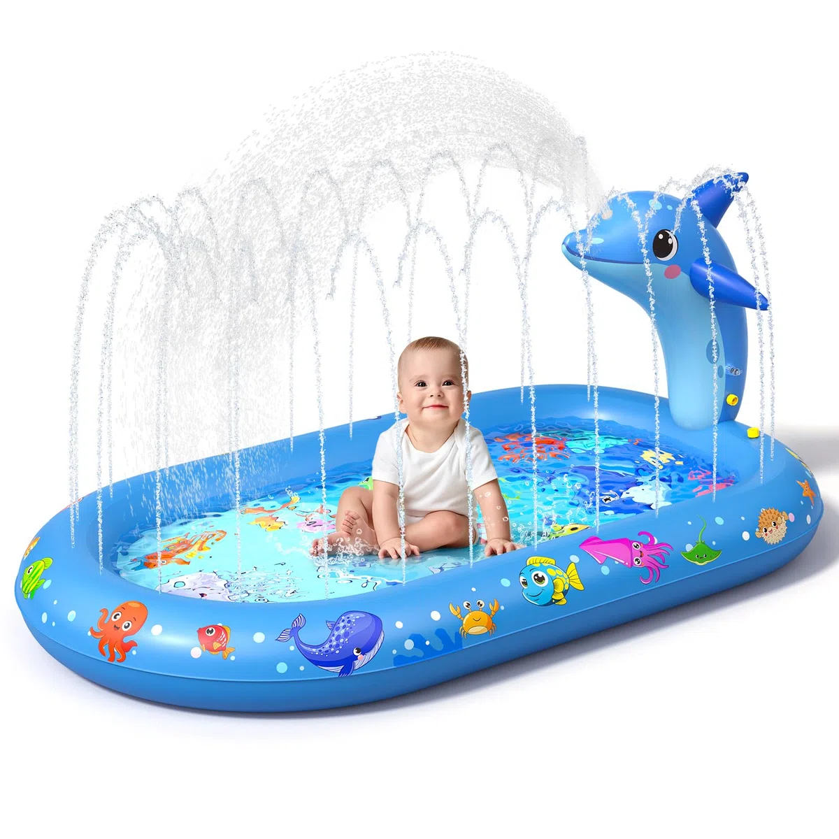 Planschbecken für Kinder, 3 in 1 Delfin Kinderpool, Planschbecken Baby, Watermatte für Kind, Verdicktes Material mit Wasserschlauch, Sommer Garten Wasserspielzeug für Jungen und Mädchen ab 1 Jahr