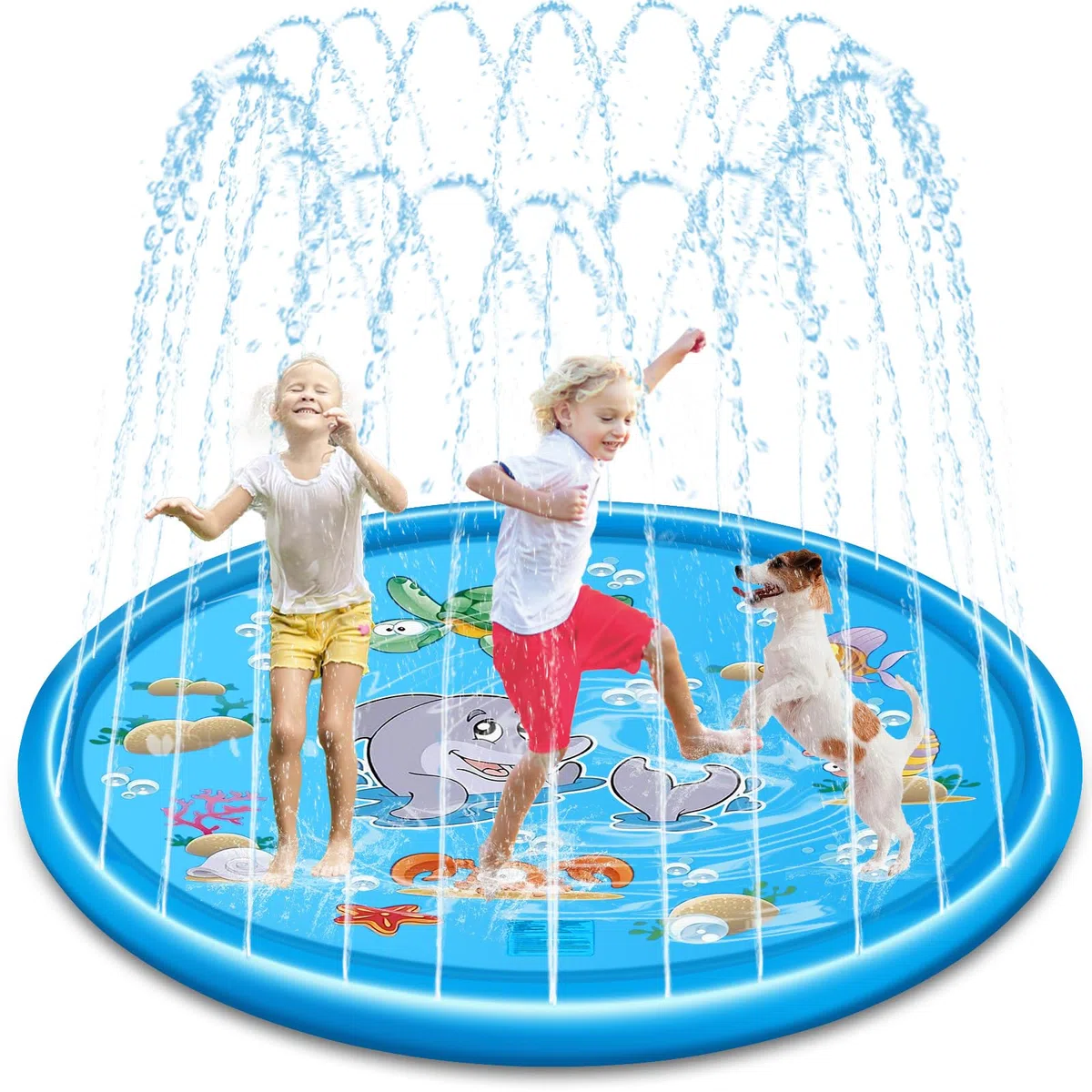 Splash Pad 170cm Anti-Rutsch Sprinkler Matte, Faltbarer Splash Sprinkler Pad, Sprinkler Play Matte für Kinder und Haustiere für Sommer, Garten, DraußEn