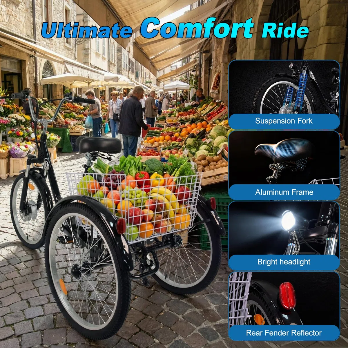 24 Zoll Elektrisches Dreirad für Erwachsene, 3-Rad-7-Gang-Seniorenfahrrad mit Einkaufskorb, mit G51 LCD-Display, 36V 15Ah Senioren-Transportdreirad, Outdoor Fahren Dreirad Freizeit Cityräder