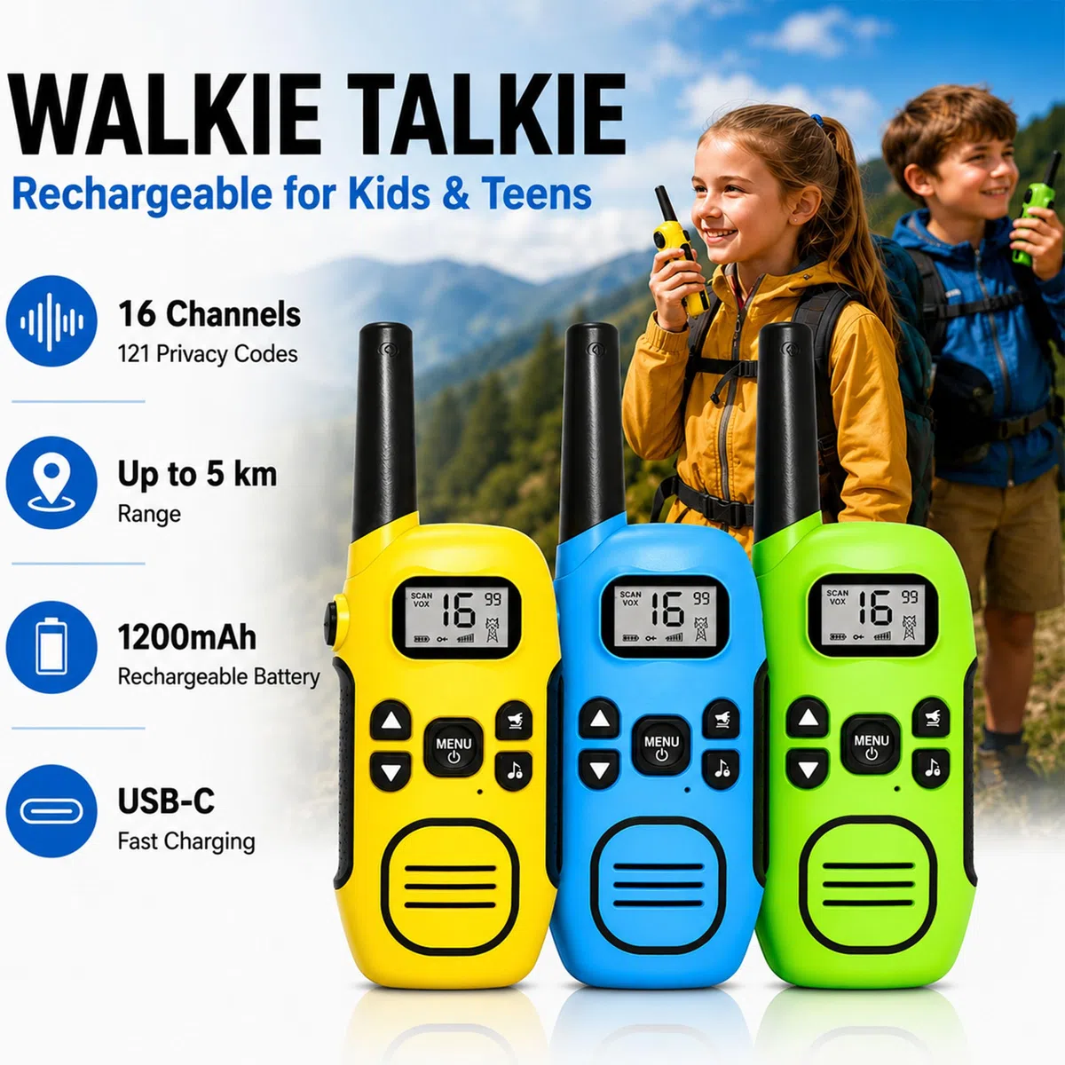 Walkie Talkie Aufladbar für Erwachsene Kinder Funkgeräte, DURLK 3er Set Walki Talki mit 16 Kanäle, bis zu 5 km Reichweite VOX Taschenlampe USB-C, Geschenke für Jungen Mädchen Draußen, Camping, Wandern