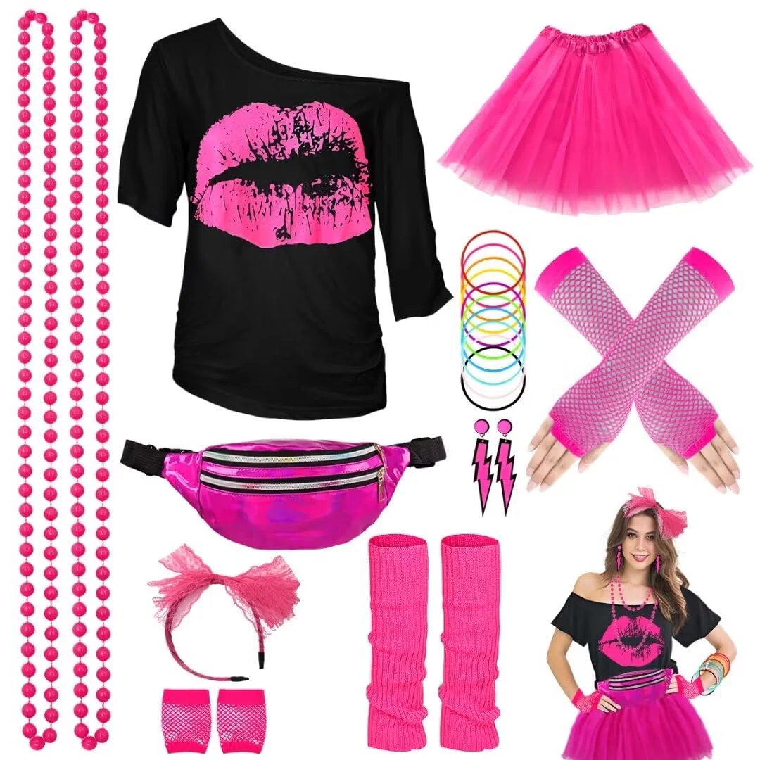 80er Jahre Outfit Damen Set, T-Shirt, Tutu, Gürteltasche, Stirnband, Ohrring, Halskette, Netzhandschuhe, 80er Jahre Kleidung Kostüm Neon Accessoires Thema Party Karneval Clothes-80SMouth-Pink-S