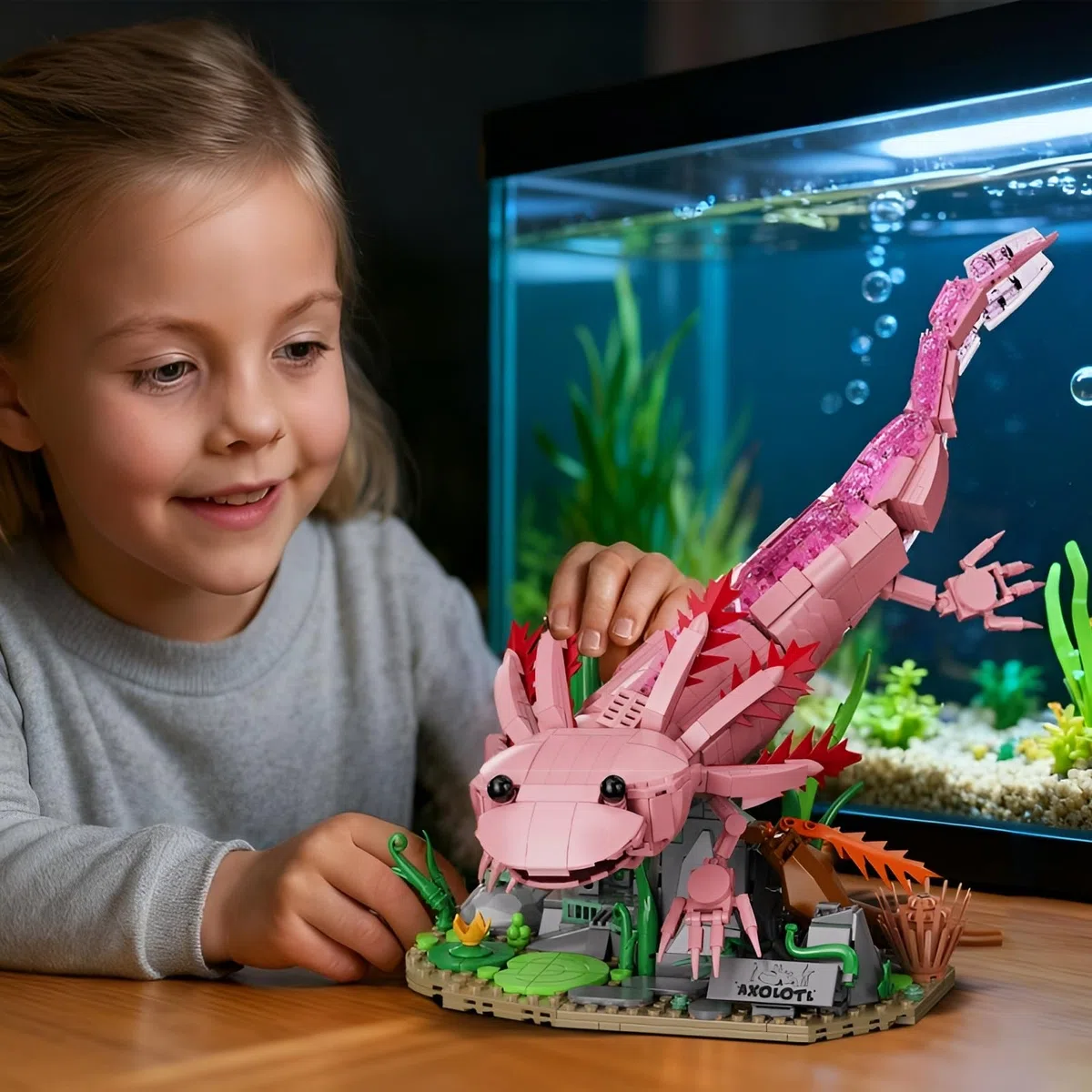 Axolotl Bausteine Bausatz für Erwachsene, 998 Teile Axolotl Klemmbausteine mit Wasserpflanzen-Sockel, Tier-Modell, STEM-Lernspielzeug, Dekoration für das Homeoffice, Geschenk für Naturliebhaber 14+