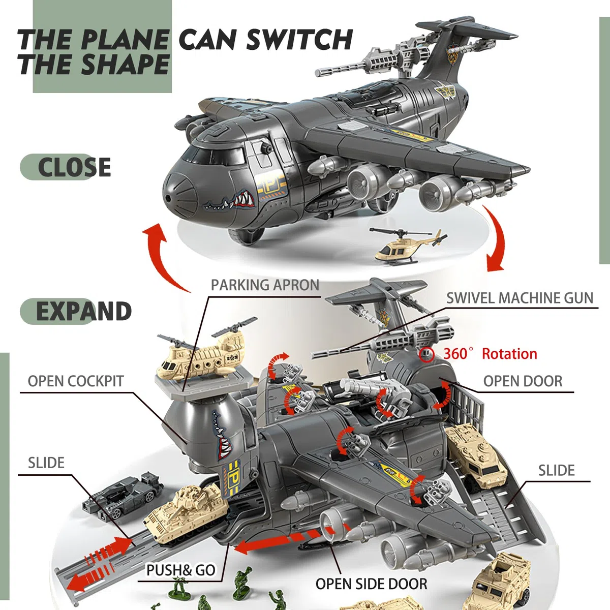 Militär Transport Fracht Flugzeug Militärflugzeug Autos Spielzeug mit Fahrzeug Soldaten Hubschrauber Kampf, Modell Spielzeug mit Figuren,Mini Armee Basis Spielkarte für Kinder 3+ Jungen Mädchen