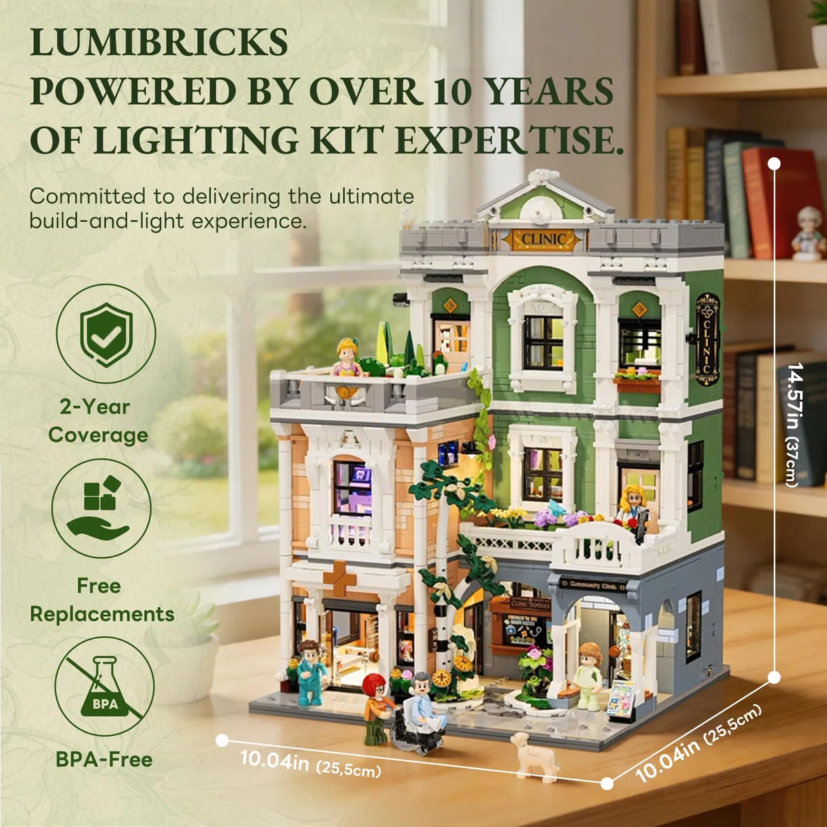Lumibricks Greenway Clinic Beleuchtetes Baukasten-Set, 2985 Teile modulares Stadtstraßen-Medizinzentrum Architektur-Modellbausatz, geschenkfertiges Sammler-Architektur-Set für Erwachsene