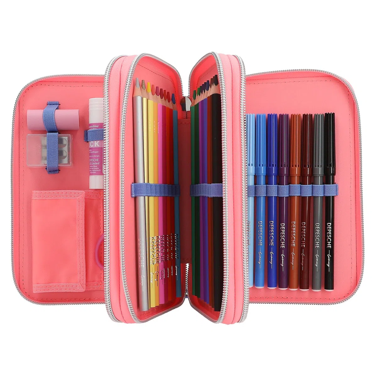 Depesche 12950 TOPModel - Gefüllte 3-Fach Federtasche in Rosa, mit Model Motiv und Wendepailletten, Federmappe mit Buntstiften, Lineal, Schere uvm.