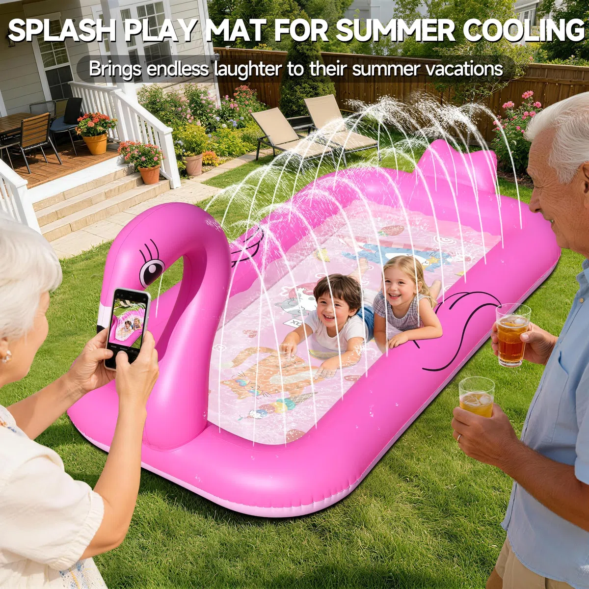 KingSom Splash Pad für Kinder,Flamingo Wassersprinkler Matte mit Antirutschfunktion,Verdickte Wasserspielzeug Kinder Outdoor Wasserspielmatte,Aufblasbares Garten Pool Spielzeug Sprinkler mit Brunnen