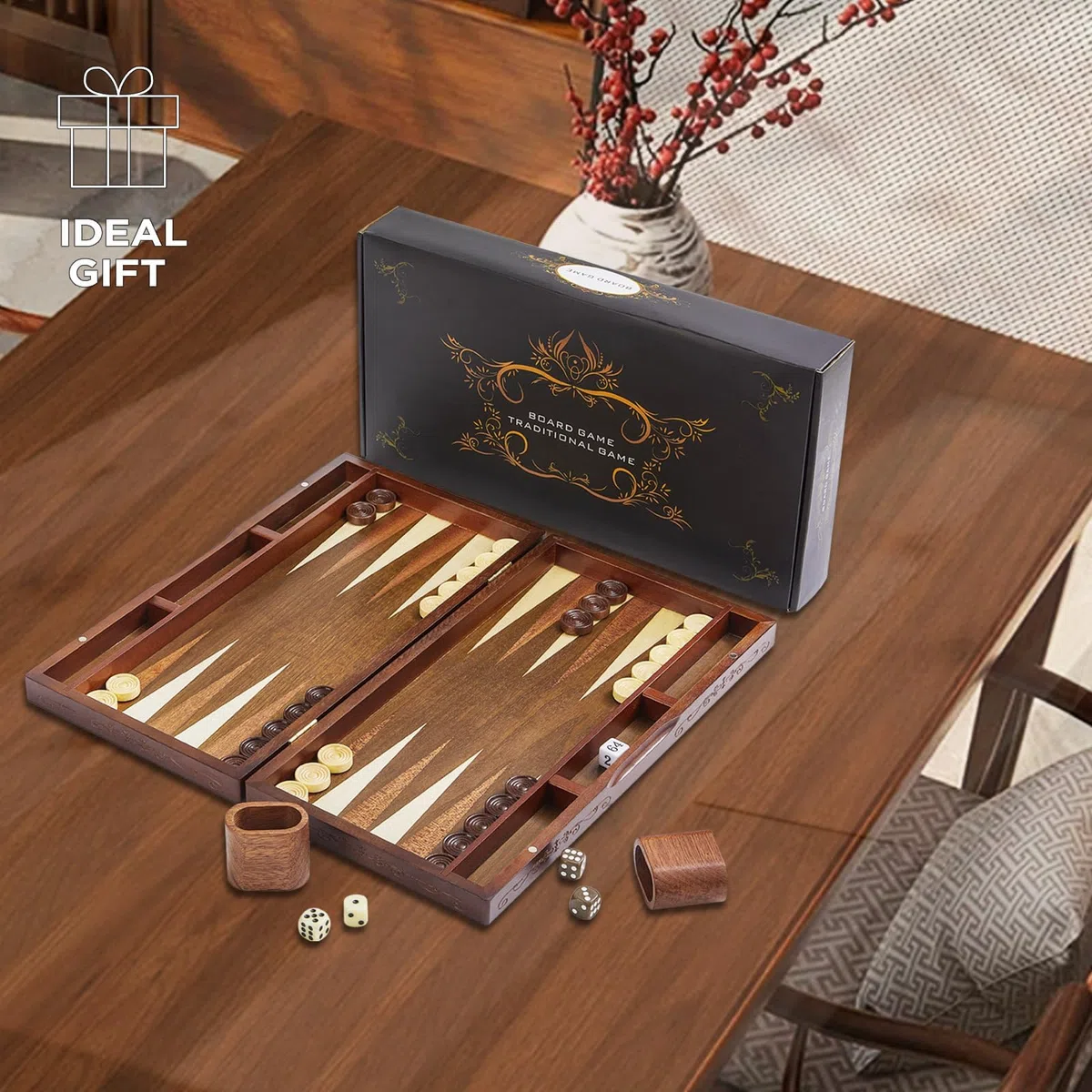Backgammon Set für Erwachsene Großes 40cm Spielbrett aus Holz Kompakt klappbar & perfekt für Reise Inkl Würfel Klassisches Brettspiel für Zuhause