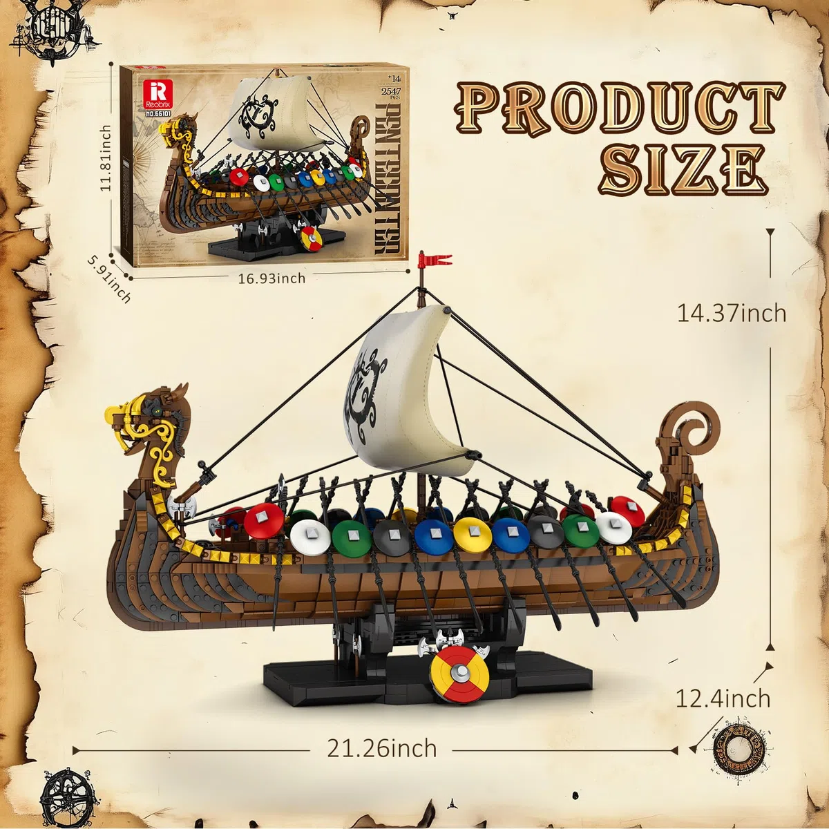 Reobrix Wikinger Piratenschiff Baustein-Spielzeug, Display Langschiff-Kollektion Bausatz-Modelle für Erwachsene, 66101 Großes Segelschiff Mittelalterliche Bewaffnete Kriegsschiff Baustein-Puzzle