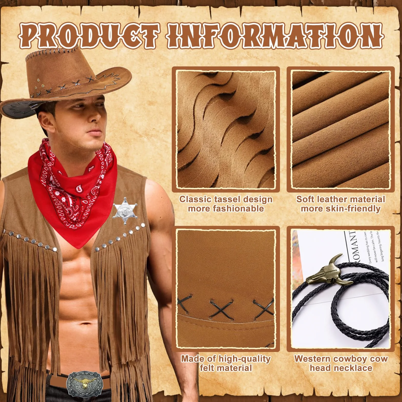 9 Stück Cowboy Kostüm Zubehör Set für Herren, Western Cowboy Cosplay Kleidung Kit mit Hut Quastenweste Bandana Holster Gürtel Boloschnalle Krawatte Halskette Sheriff Abzeichen für Karneval Fancing