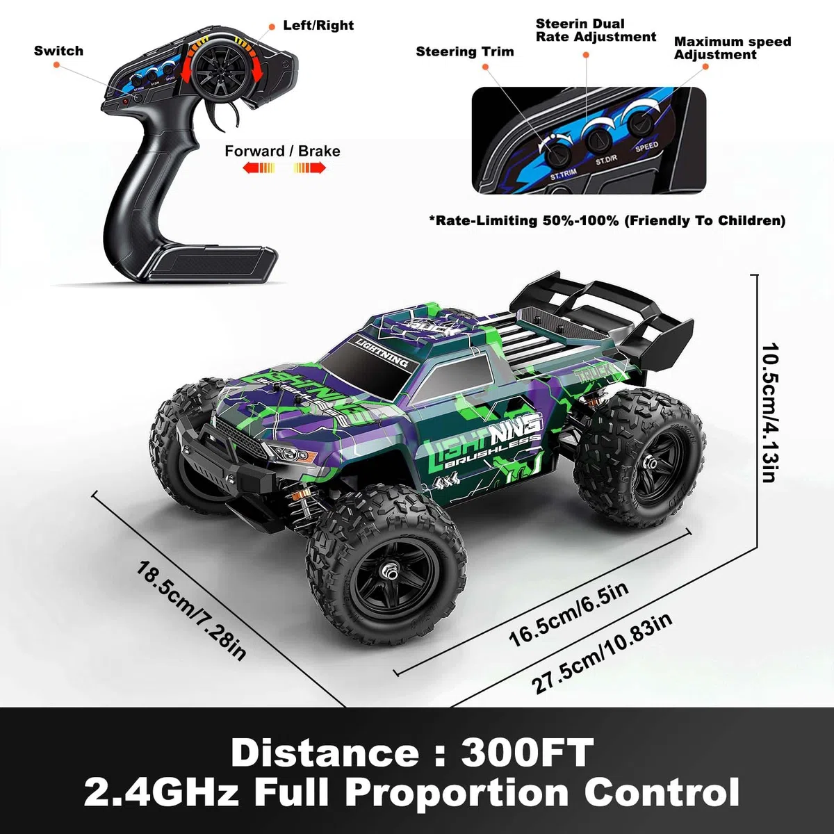 Ferngesteuertes Auto 1:18 Brushless 4WD RC Auto 52 km/h für Erwachsene & Kinder ab 10 Jahren, RTR Offroad RC Auto mit ölgefüllten Stoßdämpfern, Vollmetall-Antrieb, 2 Akkus & 2 Karosserien