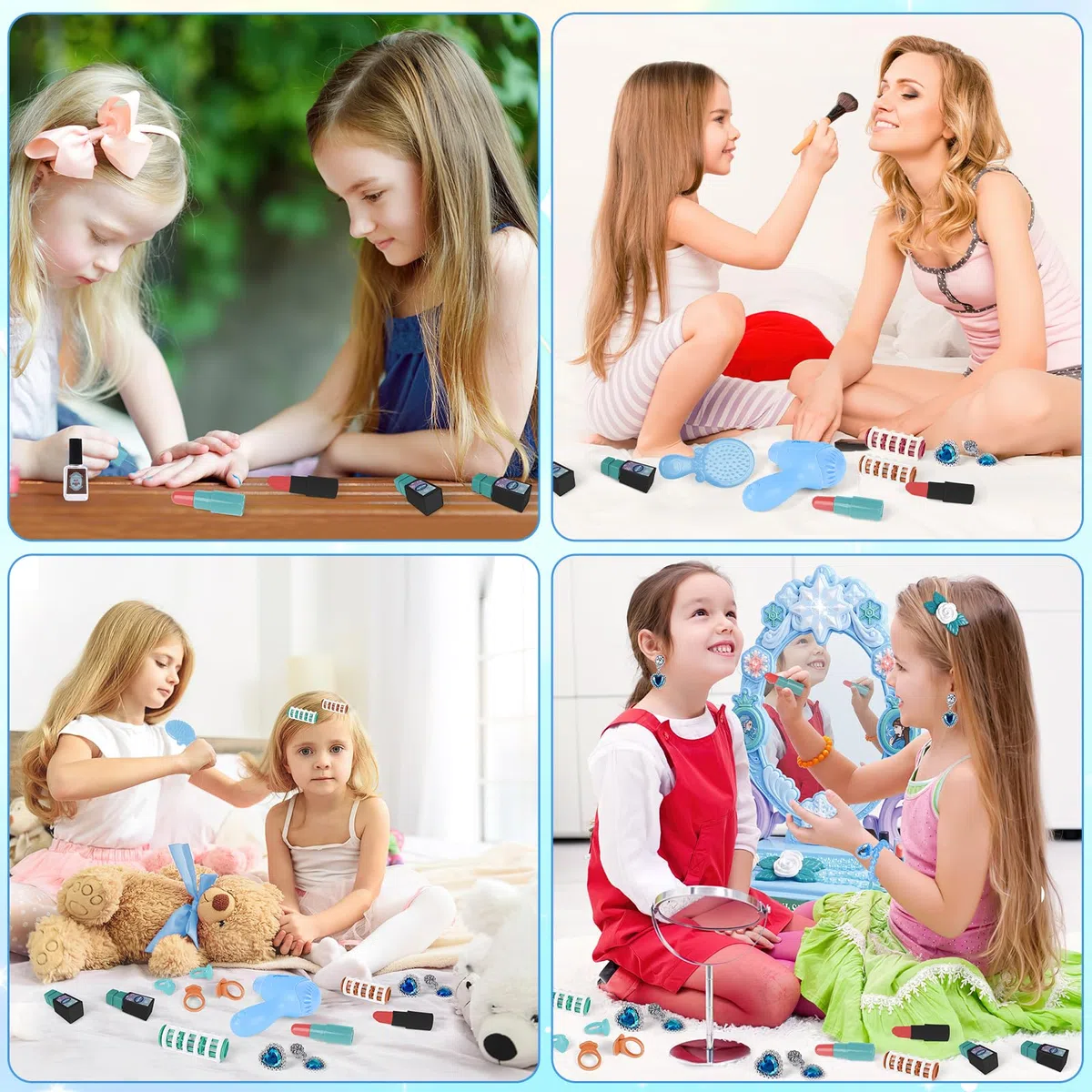 deAO Schminktisch Frisiertisch für Mädchen mit Hocker, Musik & Licht, Princess Schönheitsstudio Frisiersalon Kinderschminke Set, mit Styling-Zubehör Friseur Set für Kinder ab 3 Jahren | Blau