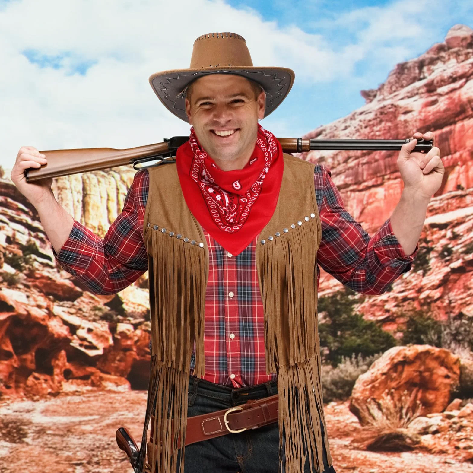 9 Stück Cowboy Kostüm Zubehör Set für Herren, Western Cowboy Cosplay Kleidung Kit mit Hut Quastenweste Bandana Holster Gürtel Boloschnalle Krawatte Halskette Sheriff Abzeichen für Karneval Fancing