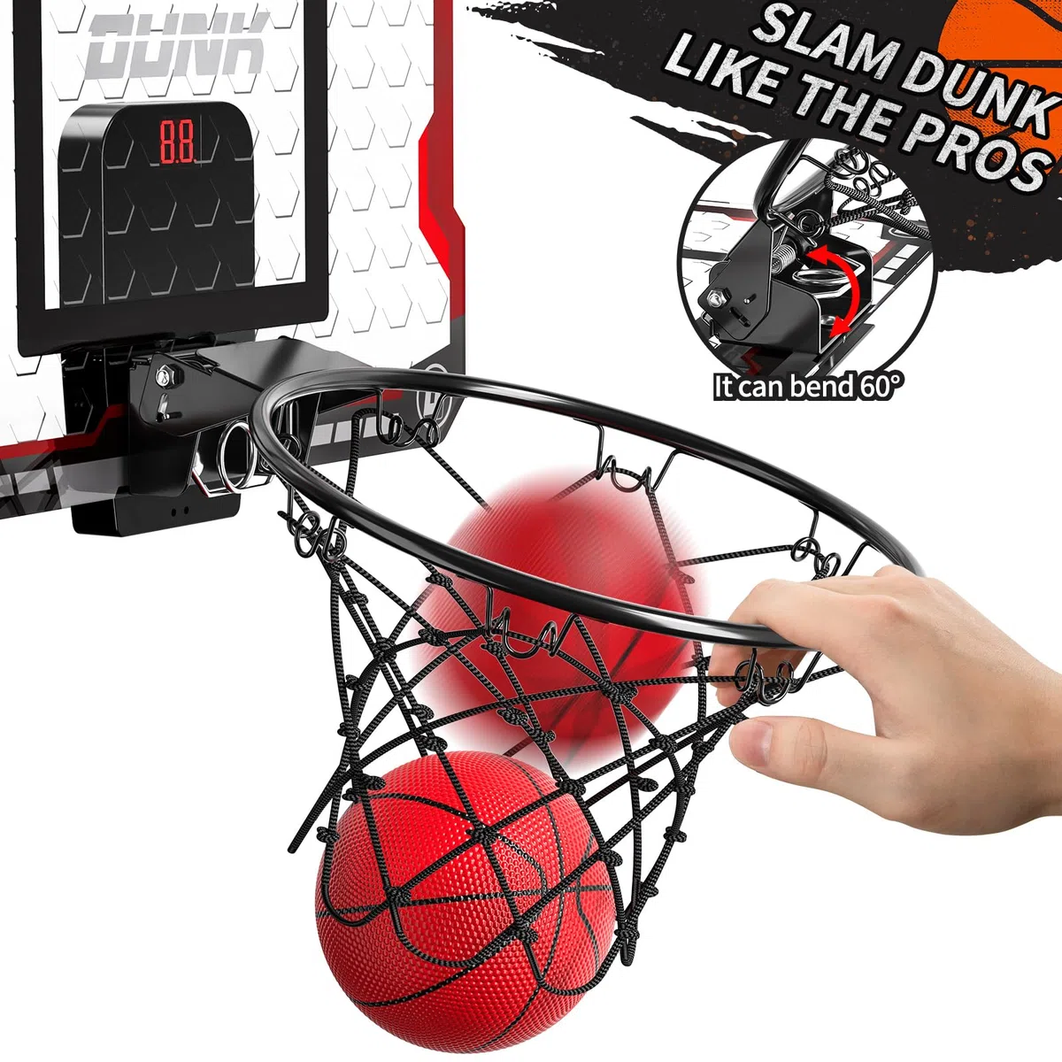 TEMI Basketballkorb Indoor, Mini-Basketballkorb mit 4 Bällen & elektronischer Anzeigetafel, über der Tür Basketballbrett, Basketballspielzeug für Jungen Mädchen Alter