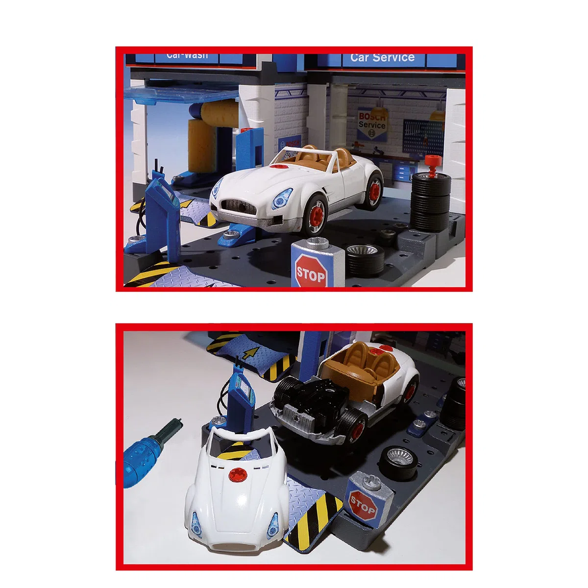 Theo Klein 8647 Bosch Car Service Station | Mit Waschanlage und höhenverstellbarer Hebebühne | Inklusive demontierbarem Auto | Maße: 41 cm 39 cm 29 cm | Spielzeug für Kinder ab 3 Jahren