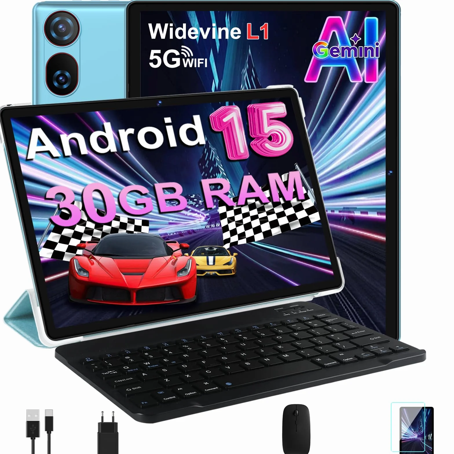 DMOAO Tablet 10 Zoll Android 15 mit Tastatur, Gemini AI, 30GB RAM + 64GB ROM (2TB Erweiterung), 5G WLAN, Widevine L1, Octa-Core, GPS, Face ID, FHD IPS, 6000mAh, USB, Blau