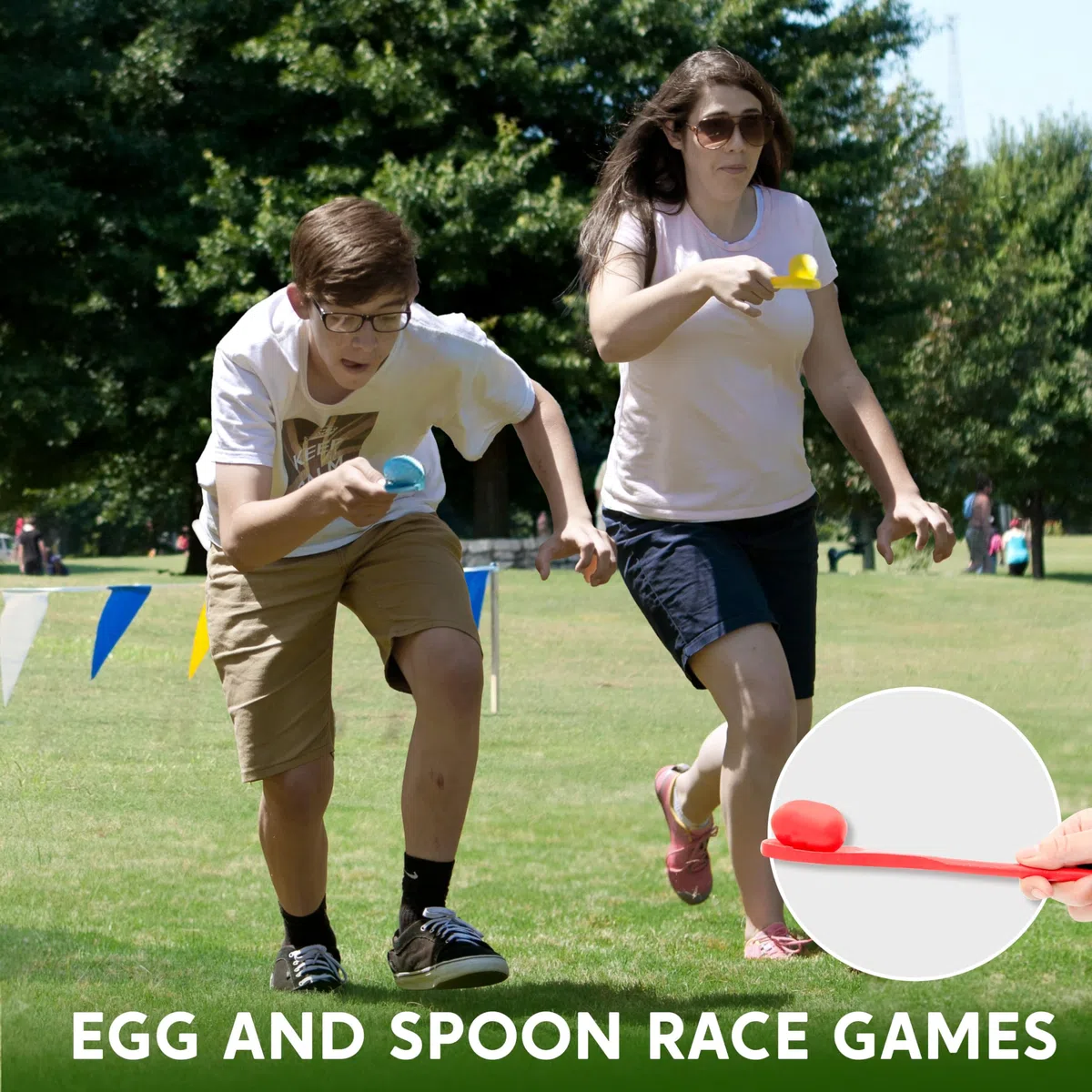 JOYIN 4 Spieler Outdoor Rasen Spiele, Spiele Gartenspiele， Potato Sack Race Bags, Eier und Löffel Rennspiele, Legged Relay Race Bands Elastisches Bindeseil für Kinder und Familien, Osternsuchspiel.