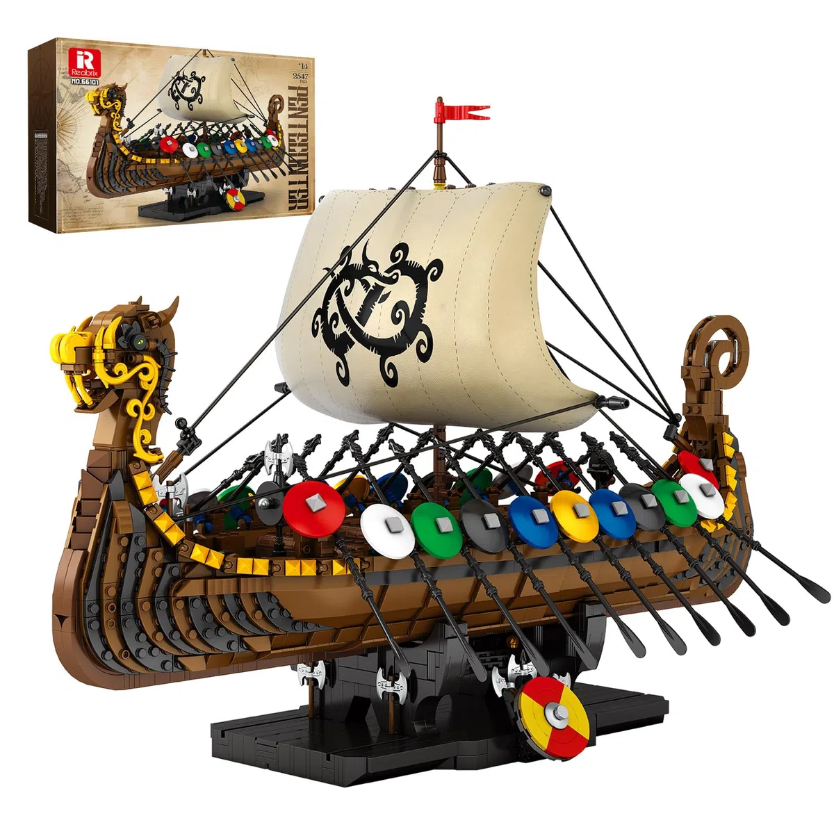 Reobrix Wikinger Piratenschiff Baustein-Spielzeug, Display Langschiff-Kollektion Bausatz-Modelle für Erwachsene, 66101 Großes Segelschiff Mittelalterliche Bewaffnete Kriegsschiff Baustein-Puzzle