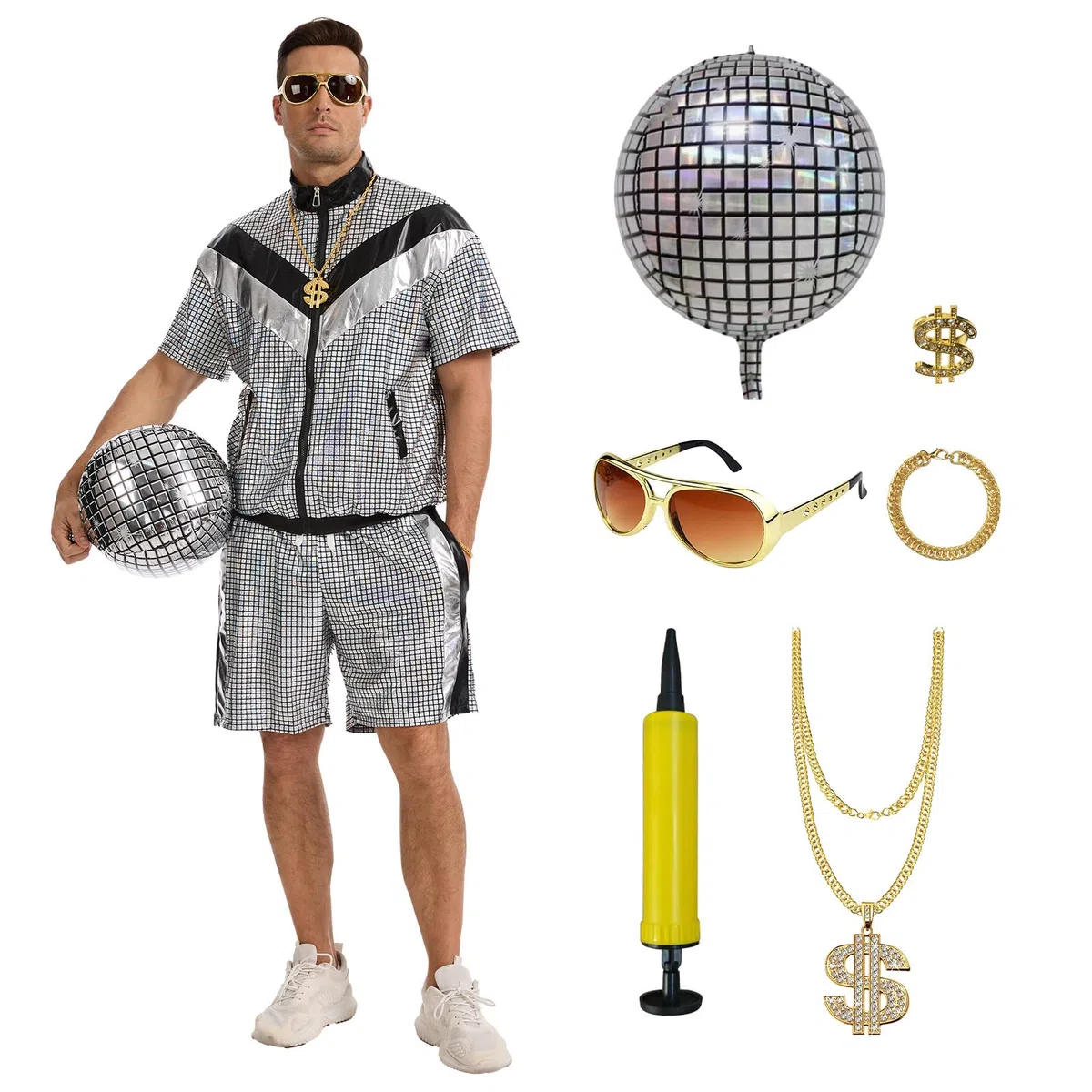 80er Jahre Disco Outfit Herren, Gold Glanz Retro Trainingsanzug Set mit Accessoires, 70er 80er Jahre Kostüm für Karneval, Mottoparty, Halloween, Hip Hop Rapper Kostüm Herren