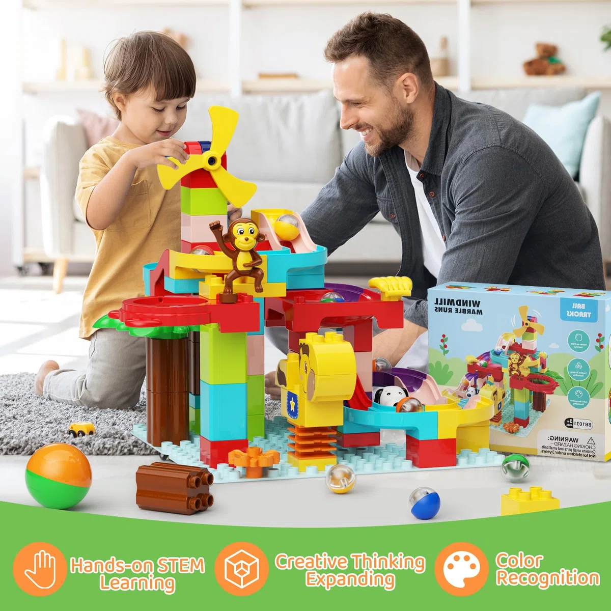Murmelbahn Bausteine Kinder STEM Spielzeug, 3-in-1 Kugelbahn Bauset für Kinder 88 Pcs Groß Blöcke Ball Race Lernspielzeug Geburtstag Spielzeug für Jungen Mädchen 3+ Jahre