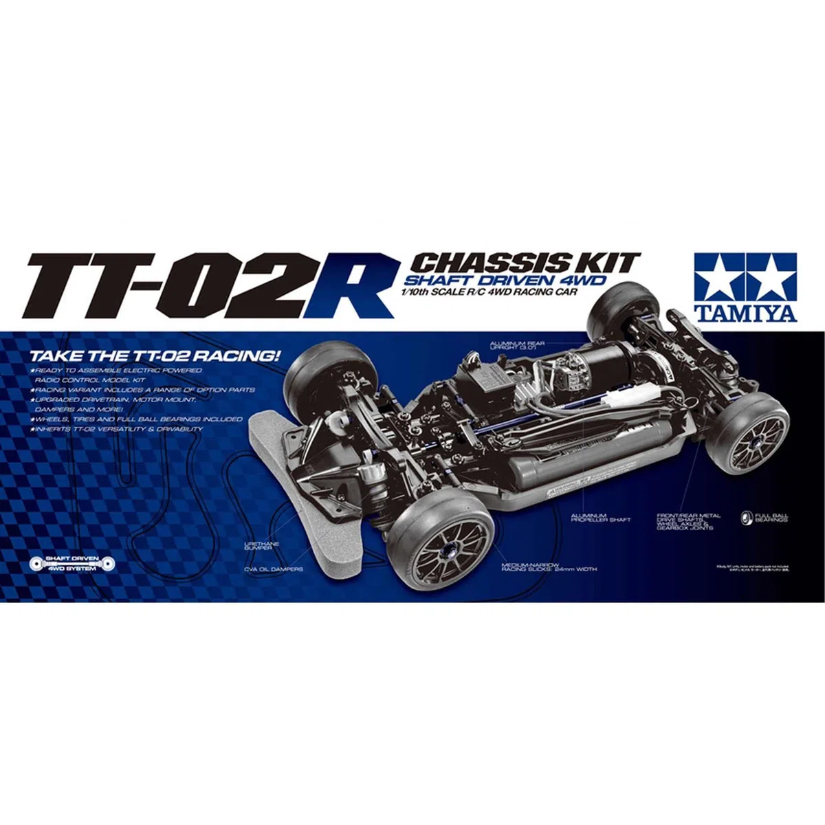 TAMIYA 47326-000 47326 47326-1:10 RC TT-02R Kit, ferngesteuertes Auto/Fahrzeug, Modellbau, Bausatz, Chassis, Hobby, schwarz