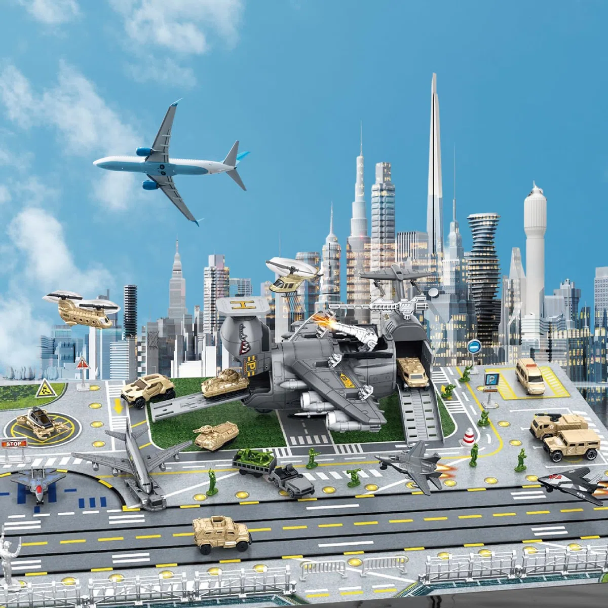 Militär Transport Fracht Flugzeug Militärflugzeug Autos Spielzeug mit Fahrzeug Soldaten Hubschrauber Kampf, Modell Spielzeug mit Figuren,Mini Armee Basis Spielkarte für Kinder 3+ Jungen Mädchen