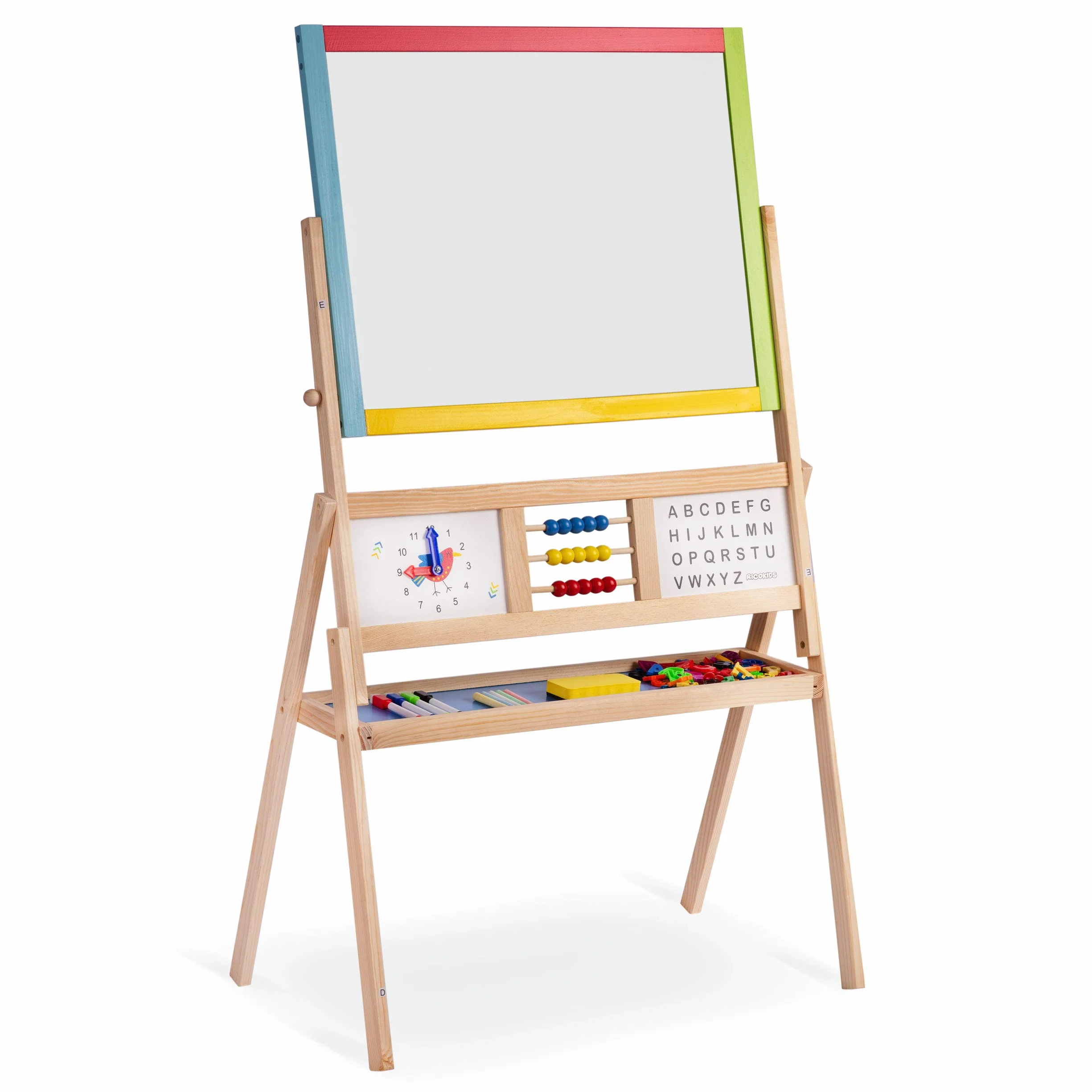 Spiel-Tafel für Kinder magnetisches Whiteboard Uhr Abakus und Kreidetafel Maltafel Kindertafel Staffelei aus Holz Ricokids