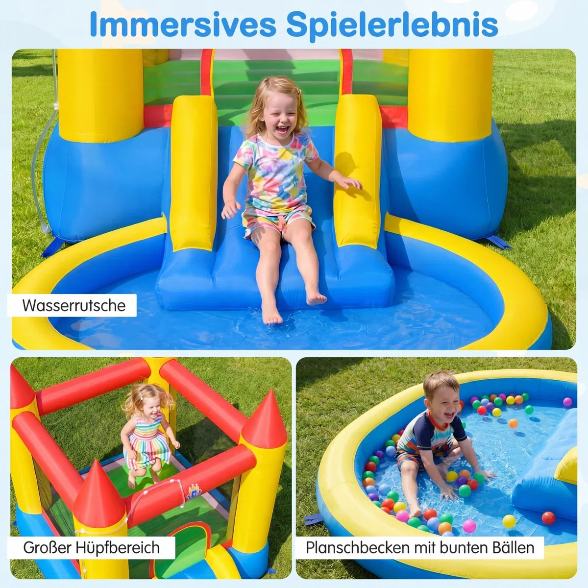 COSTWAY Hüpfburg mit Rutsche, Sprungbereich & Planschbecken, Bouncy Castle für Kinder, Innen- und Außenbereich, 362 x 196,5 x 193 cm