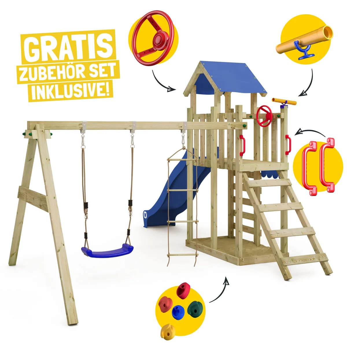 Wickey Spielturm Klettergerüst MultiFlyer Light, Schaukel & anthraziter Rutsche, Outdoor Kinder Kletterturm mit Sandkasten, Leiter & Spiel-Zubehör für den Garten