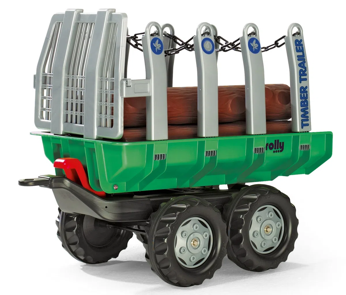 Rolly Toys 122158 Anhänger Timber Trailer, Stabiler Zweiachsanhänger mit Kippfunktion und Automatikverriegelung (geeignet für Kinder ab 3 Jahren, Farbe: Grün) inkl. 5 Kunststoff Holzstämme