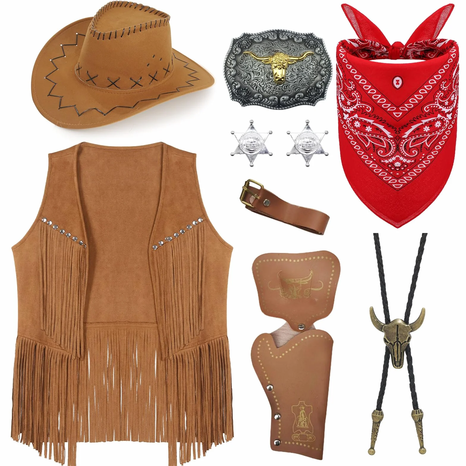 9 Stück Cowboy Kostüm Zubehör Set für Herren, Western Cowboy Cosplay Kleidung Kit mit Hut Quastenweste Bandana Holster Gürtel Boloschnalle Krawatte Halskette Sheriff Abzeichen für Karneval Fancing