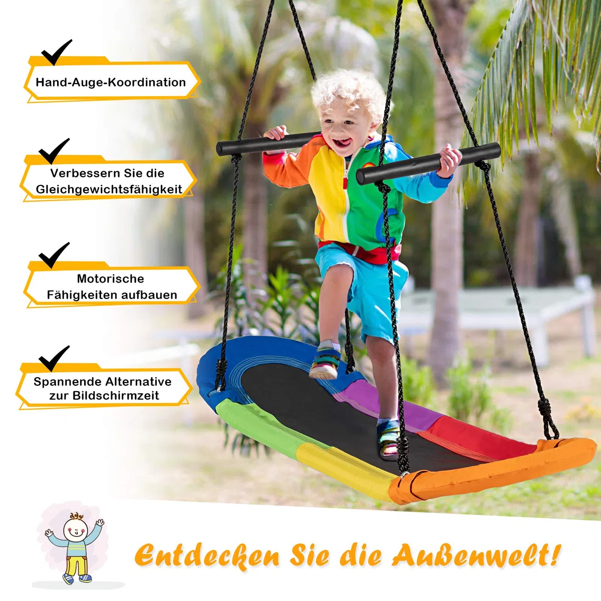 COSTWAY Nestschaukel oval, Skateboard Schaukel mit Griffen, Kinderschaukel bis 150 kg belastbar, Outdoor Mehrkindschaukel, Baumschaukel, Gartenschaukel für Kinder & Erwachsene (Bunt)