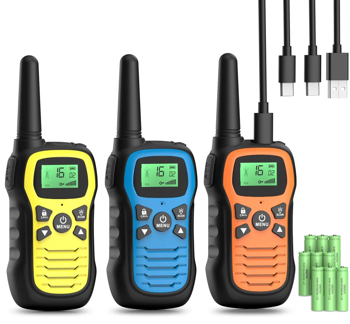 Walkie Talkie, Walkie Talkie Aufladbar für Kinder mit 16 Kanäle, 3er Set Funkgerät mit VOX Funktion, LED Taschenlampe, 3 Meilen Lange Distanz für Wandern Camping Abenteuer