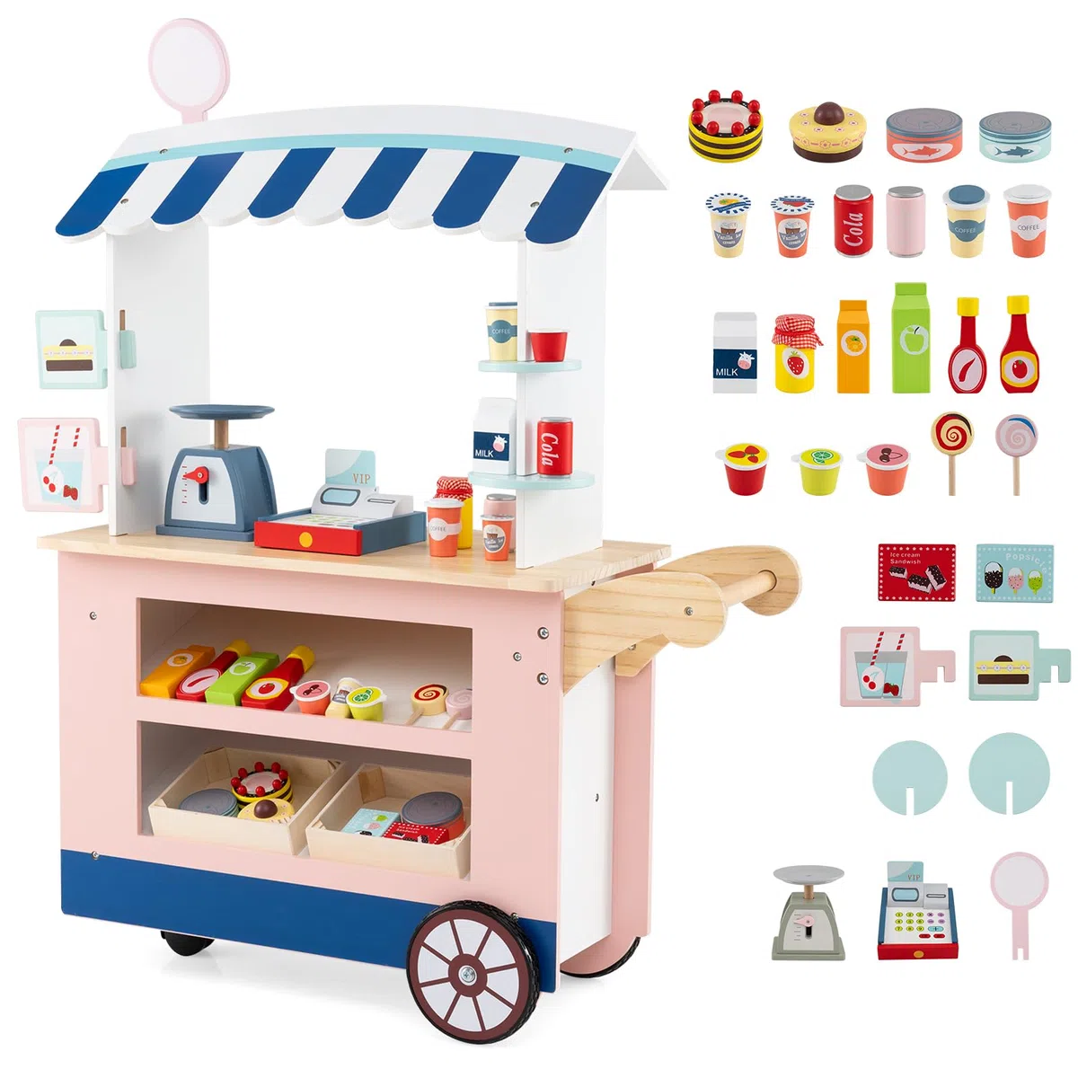 HOMASIS Kaufladen Kaufmannsladen Holz mit 30 Spielzubehör, Verkaufsstand Supermarkt-Set mit 3 Rädern, Lebensmittelwagen mit Kasse, POS & Waage, Verkaufswagen Rollspiel für Kinder ab 3 Jahren (Rosa)