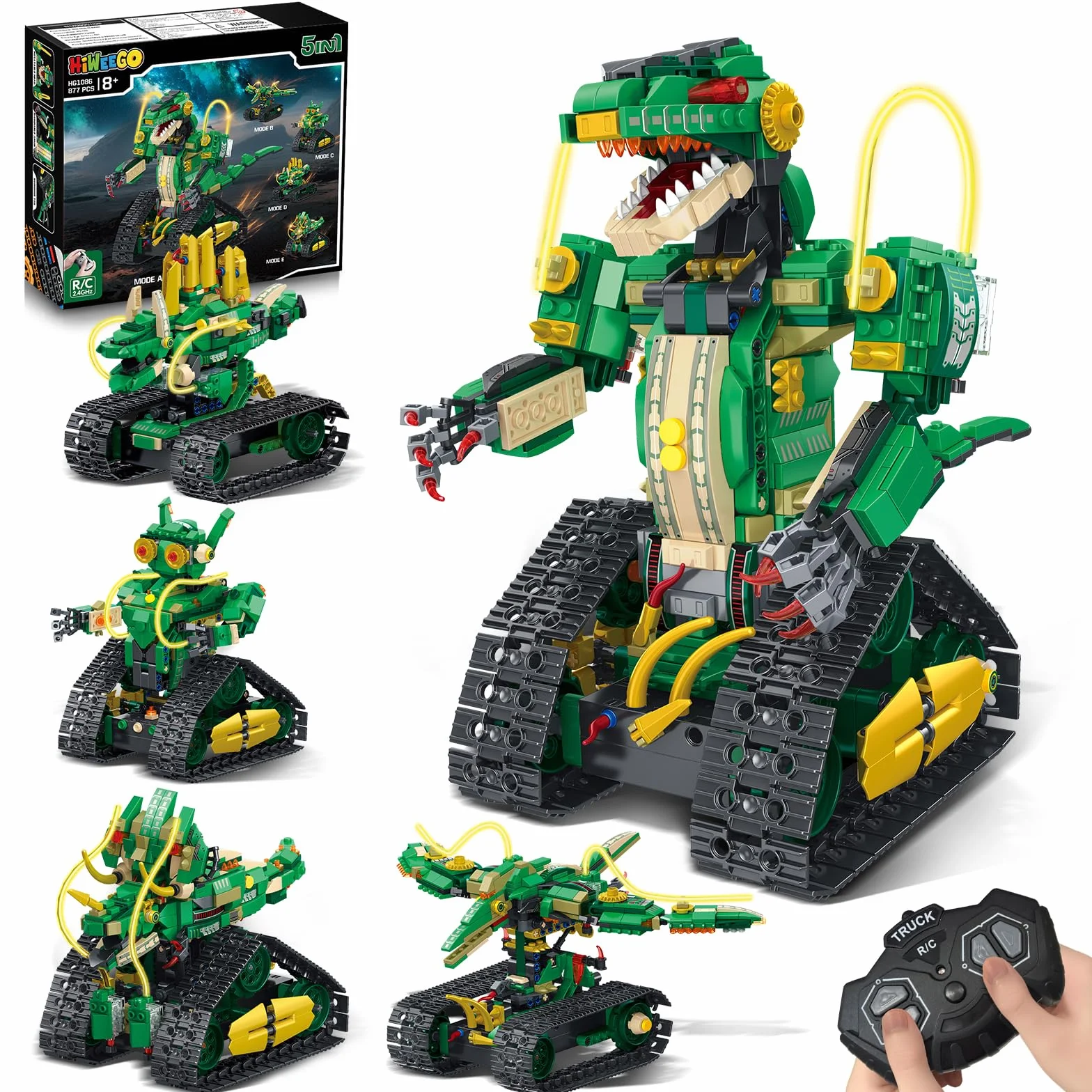 HiWEEGO Technik Roboter für Kinder mit Licht - 5 in 1 Dinosaurier Fernbedienung Bausatz, 877 Teile RC Robot Wiederaufladbar Spielzeug Geschenk für Jungen und Mädchen 8–12 Jahren