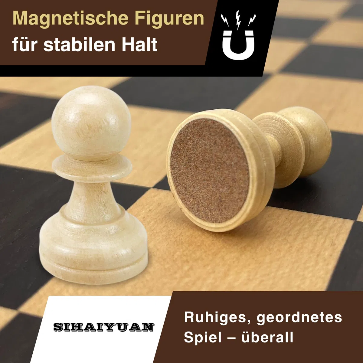 Schachspiel Holz Magnetisch – Faltbares Schachbrett 39 cm, Hochwertiges Wooden Chess Board mit 34 Staunton Figuren inkl. Extra Damen, Tragbares Schachspiel für Erwachsene & Kinder