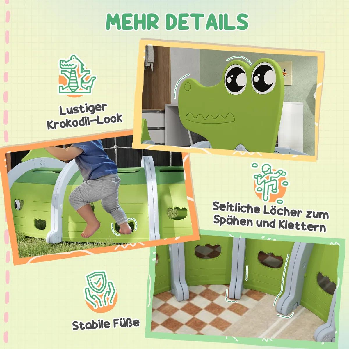 AIYAPLAY Spieltunnel 194 cm Kinder Tunnel aus HDPE Krabbeltunnel in Cartoon-Krokodil Kriechtunnel für Kinder 3-6 Jahre, Grün