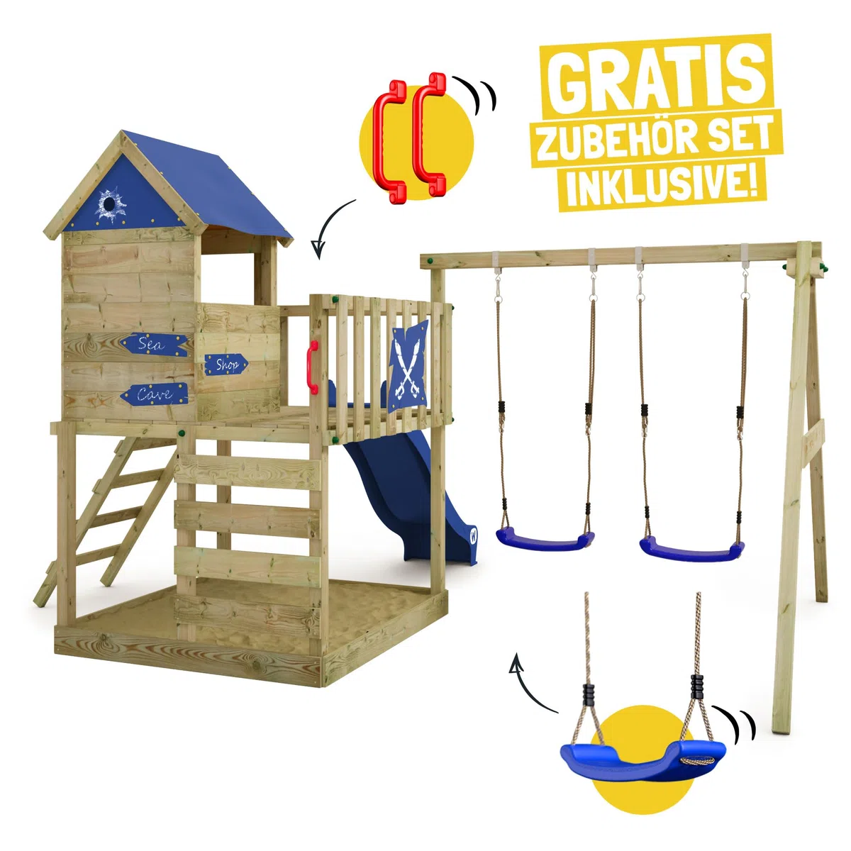 WICKEY Spielturm Smart Cave Klettergerüst, blau | mit Schaukel & Rutsche, Outdoor Kinder Kletterturm, mit Sandkasten, Leiter & Spiel-Zubehör für den Garten