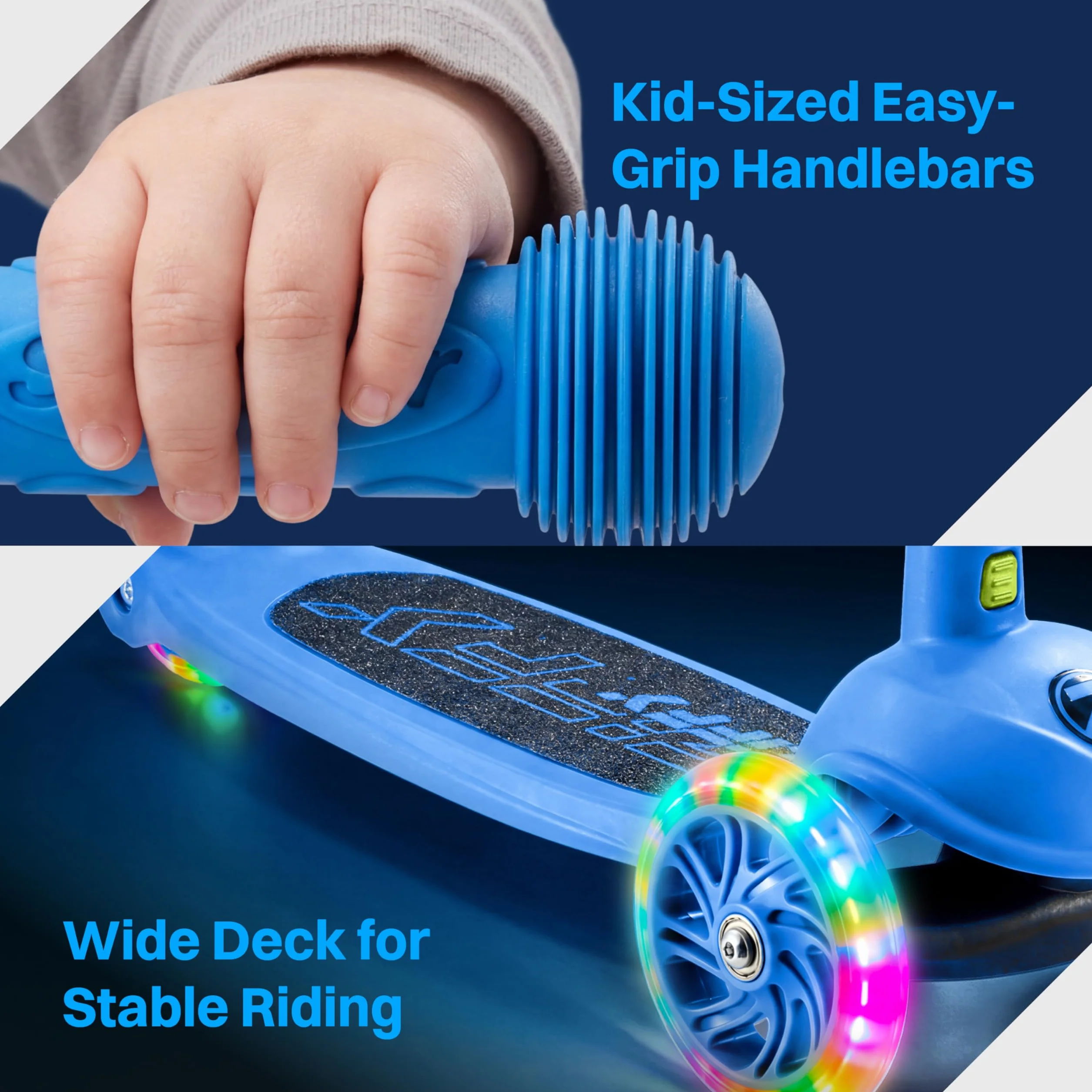 ZIFFY 3-Rad-Kinderroller 3–5 Jahre – Blau/Grün/Pink/Violett – LED-Leuchträder, Neigelenkung, Hinterradbremse – Höhenverstellbarer Lenker 44–61 cm – 1,8 kg, schnell zerlegbar
