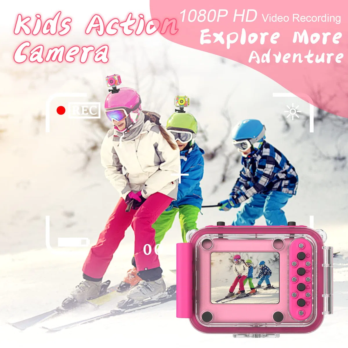 Ushining Kinderkamera, wasserdicht, 1080P Unterwasser-Videokamera, Kinder, digitale Selfie-Kamera mit Display 5,1 cm (2,0 Zoll), TF-Karte, 32 GB, Geschenk für Mädchen und Jungen, 3-12 Jahre, Rosa