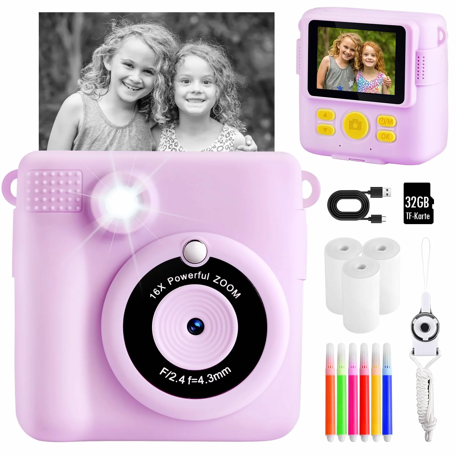 Kinderkamera Sofortbildkamera, 1080P Sofortbildkamera Kinder mit 32GB TF Karte,Druckpapier, Kamera Kinder Geschenke für Mädchen Jungen Alter 3-12 Jahre
