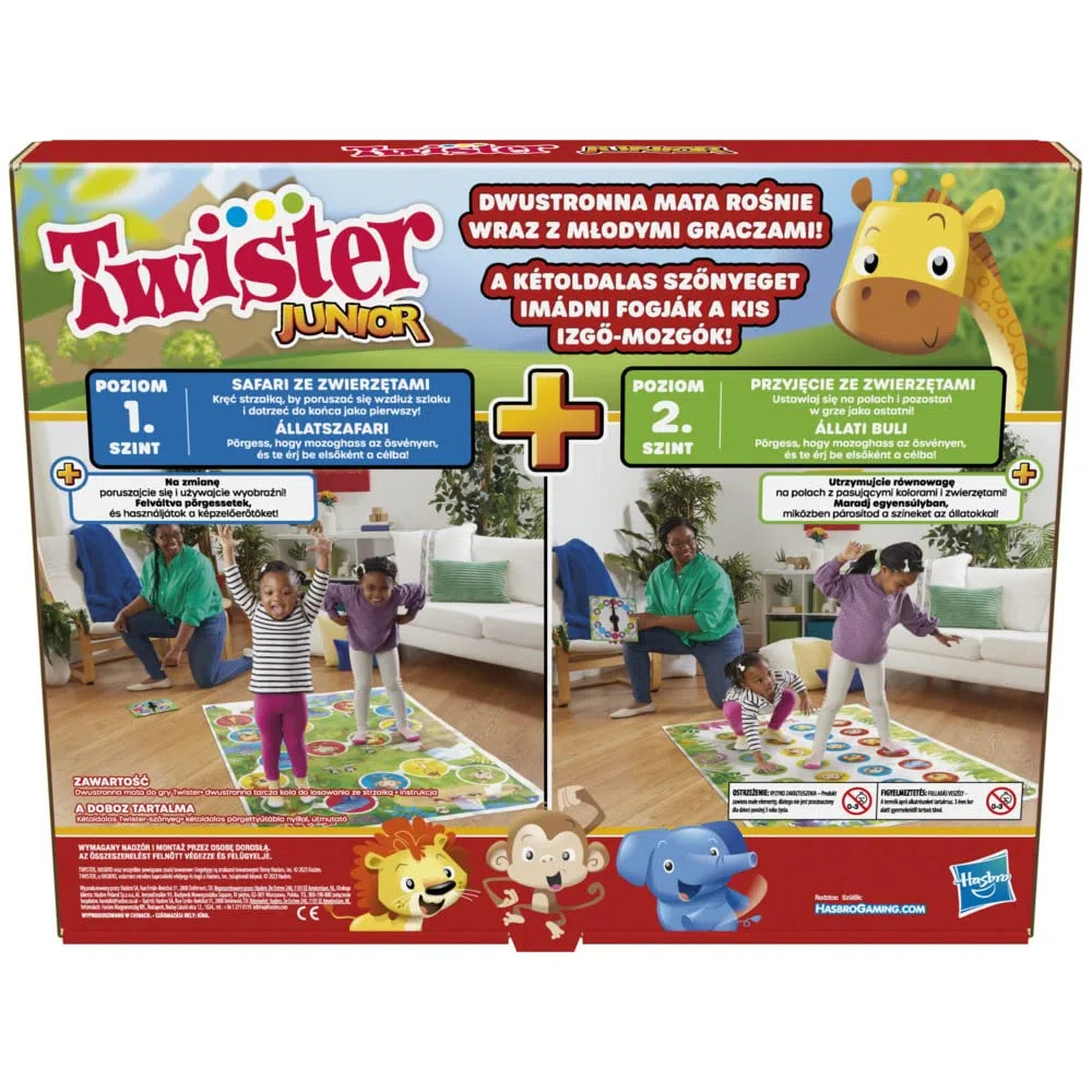 Hasbro Twister Junior Spiel | 2-seitige Tierabenteuermatte | 2-in-1 Familiengesellschaftsspiel für Kinder (polnisch-ungarische Ausführung) | Geschenkidee für 3 Jährige und Board-Fan