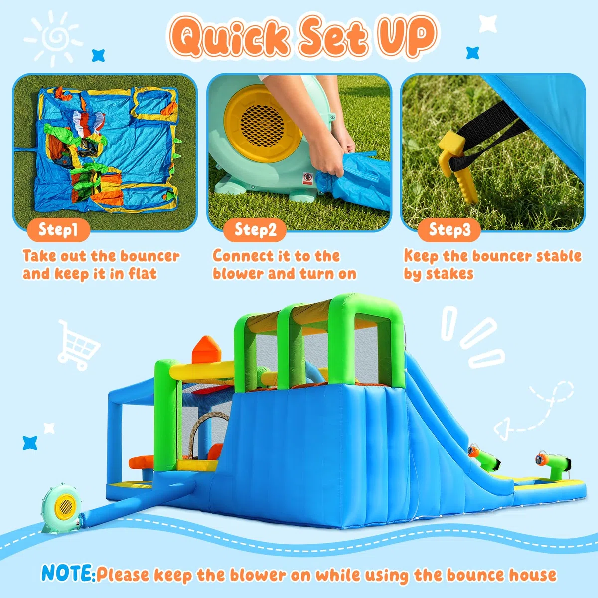 Hüpfburg mit 2 Wasserrutsche und Gebläse, Größe Wasserhüpfburg für Kinder mit Trampolin Wasserbecken Korb Kletterwand, XXL Hüpfburgen Bouncy Castle für Indoor Outdoor, 445x403x200 cm